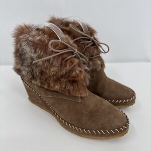 Andre Assous Women's Suede Rabbit Fur Winter Booties Size 8 EUC Made in Spain